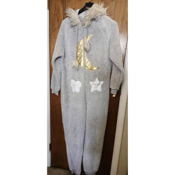 Holiday Time Women's XL Gray Sleeper One Piece Moon Stars Zip Gold Faux Fur Hood - Picture 5 of 11
